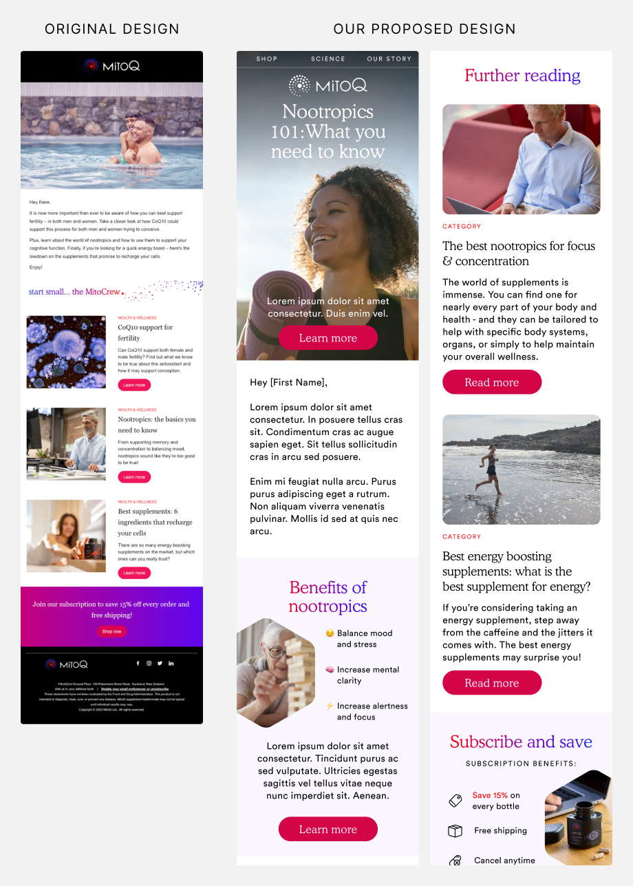 Comparison of original newsletter email design and proposed email design.