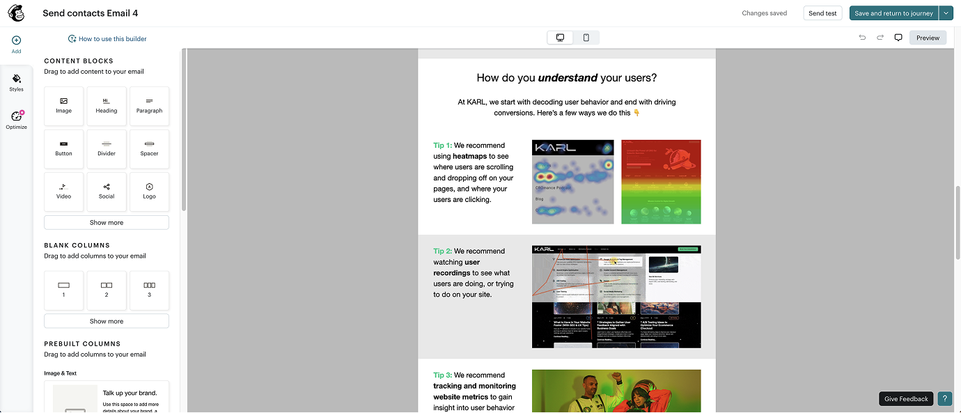 Screenshot from MailChimp showing a user editing and building one of the KARL Mission nurturing emails.