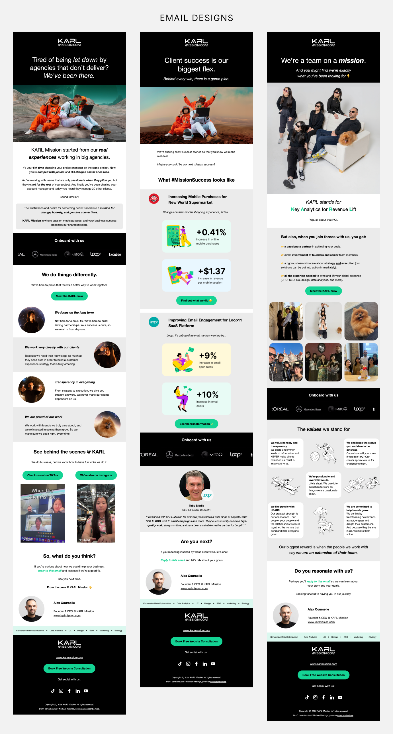 Screenshots of 3 KARL Mission nurturing emails.