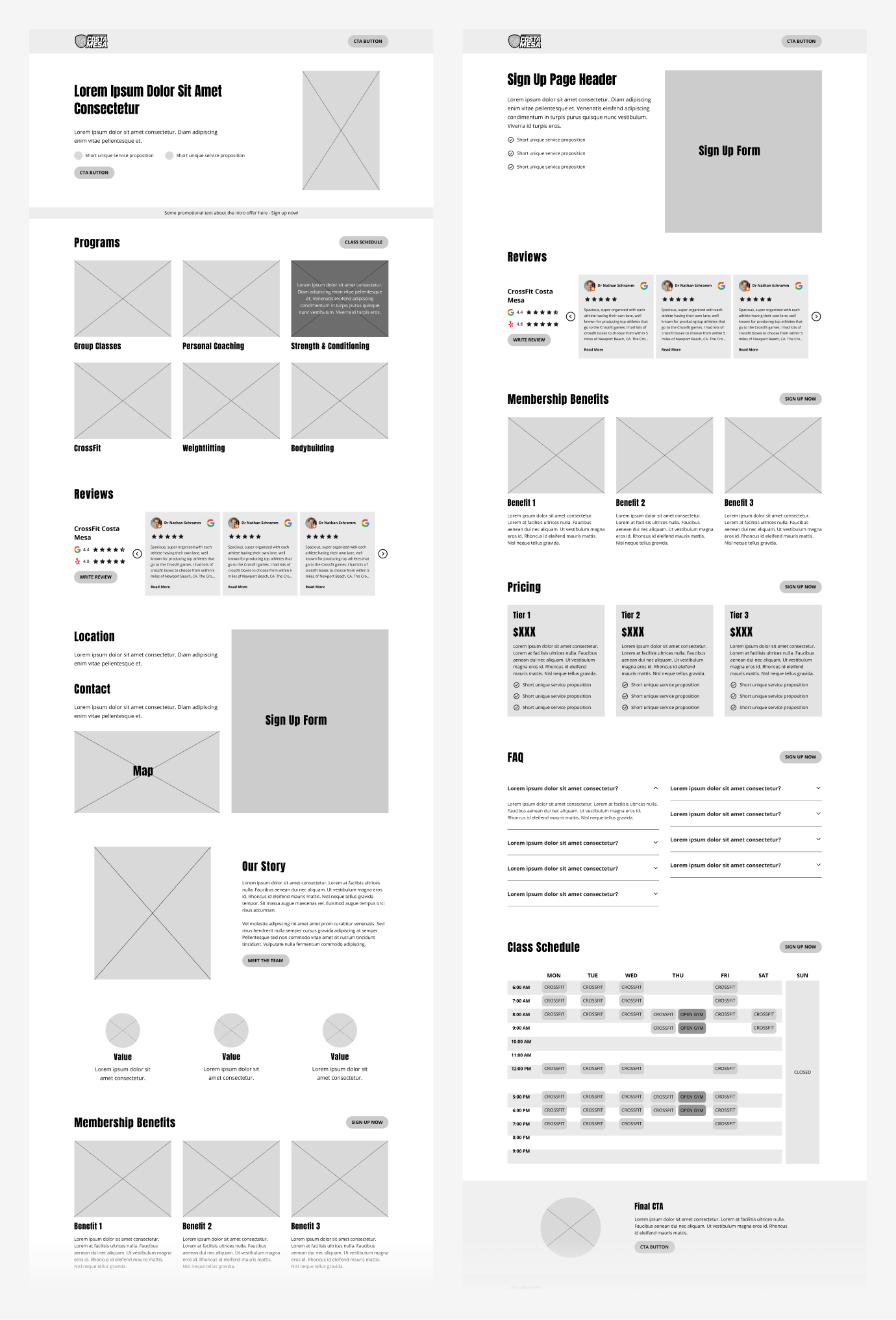 Medium fidelity wireframes of the homepage and Sign Up Page.