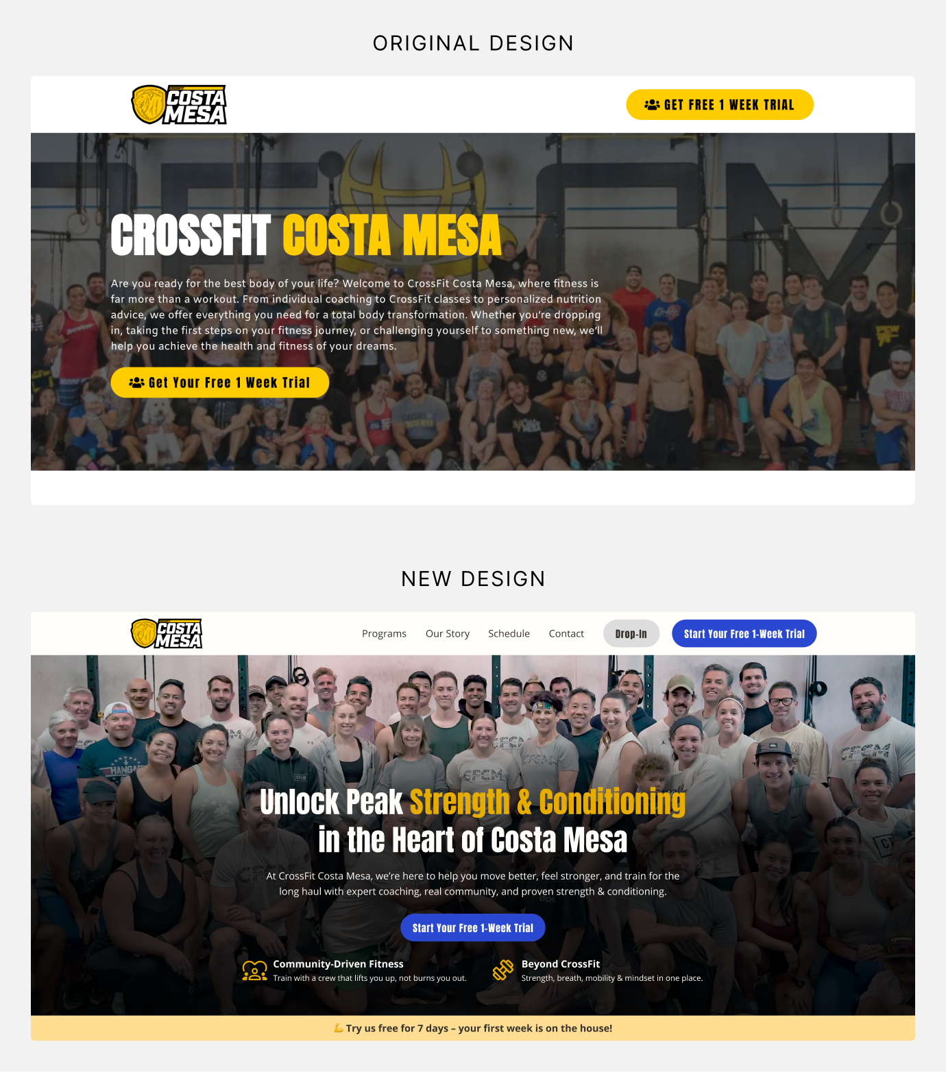 Before and after of the above the fold design of the homepage.