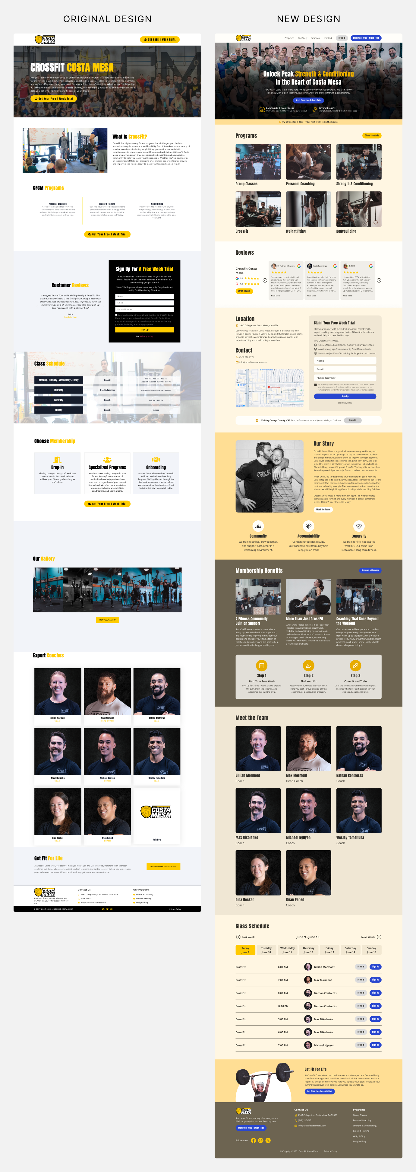 Before and after of the homepage design.