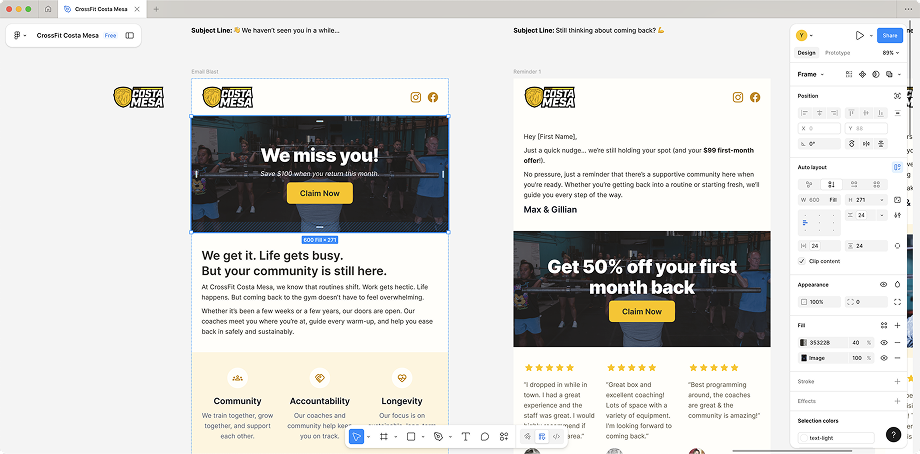Screenshot of the email designs in Figma.