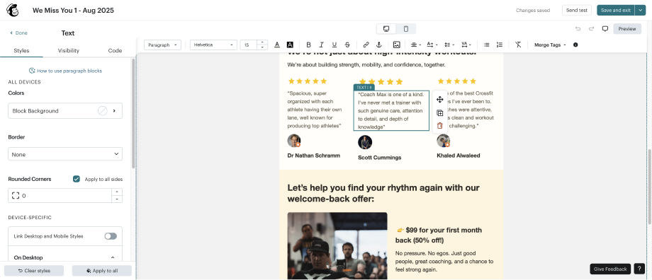 Screenshot from the email builder in MailChimp.