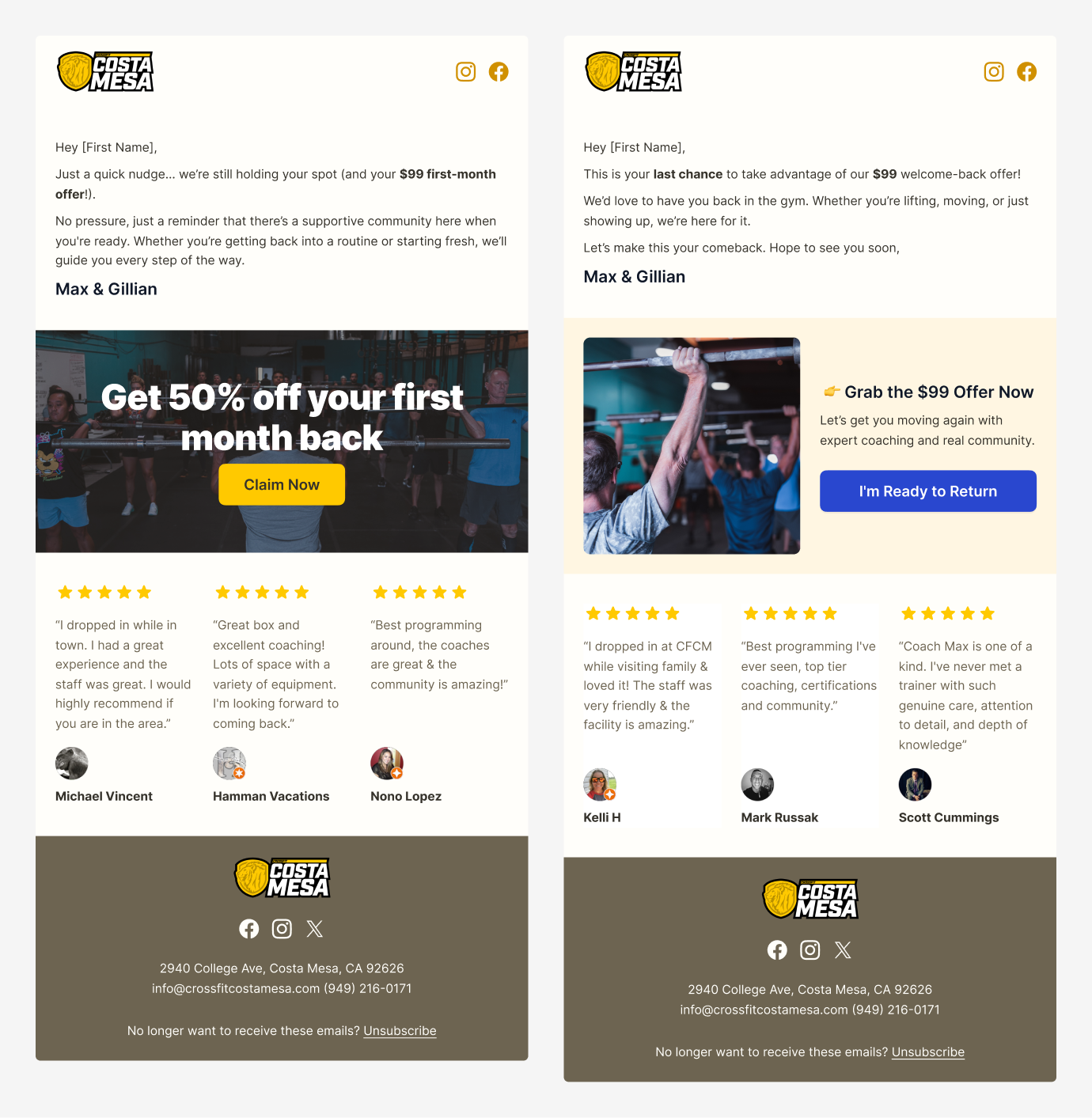 Screenshots of the follow up emails designed for CrossFit Costa Mesa.