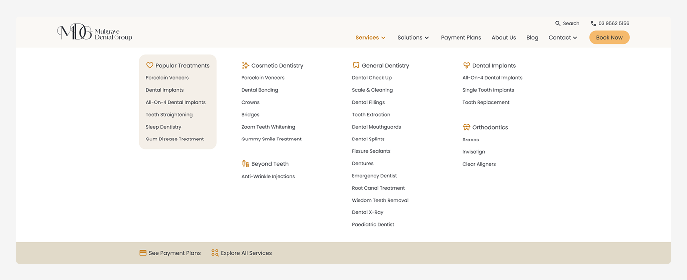 Screenshot of the Mulgrave Dental Group navigation mega menu.