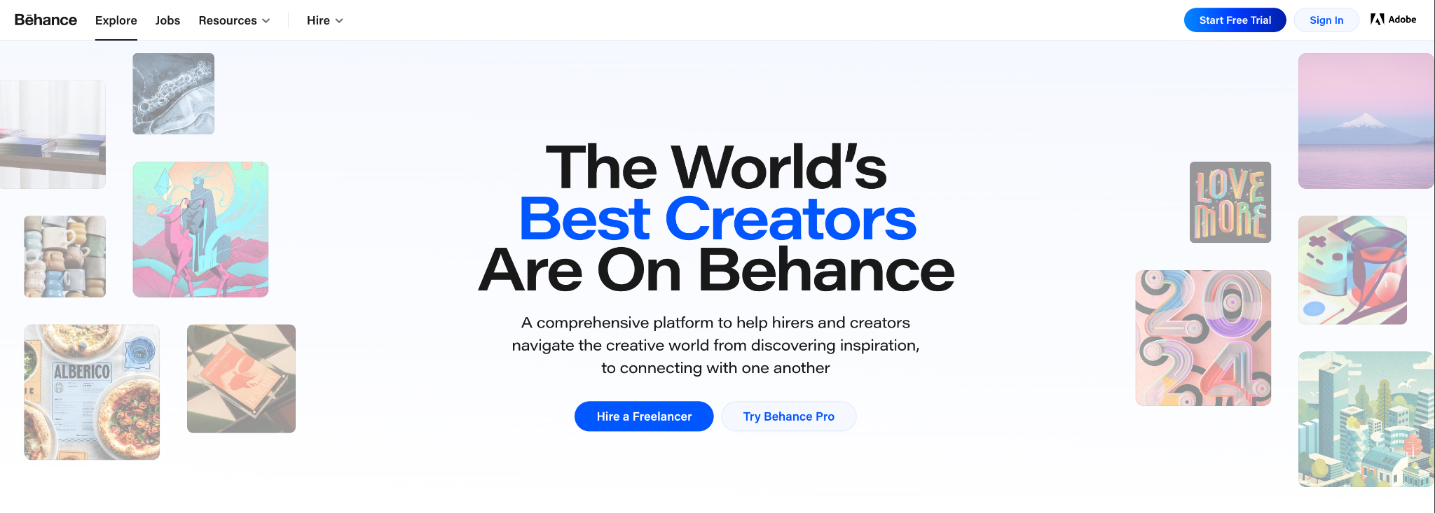 Screenshot of the Behance homepage featuring the headline “The World’s Best Creators Are On Behance” and a gallery of creative work.