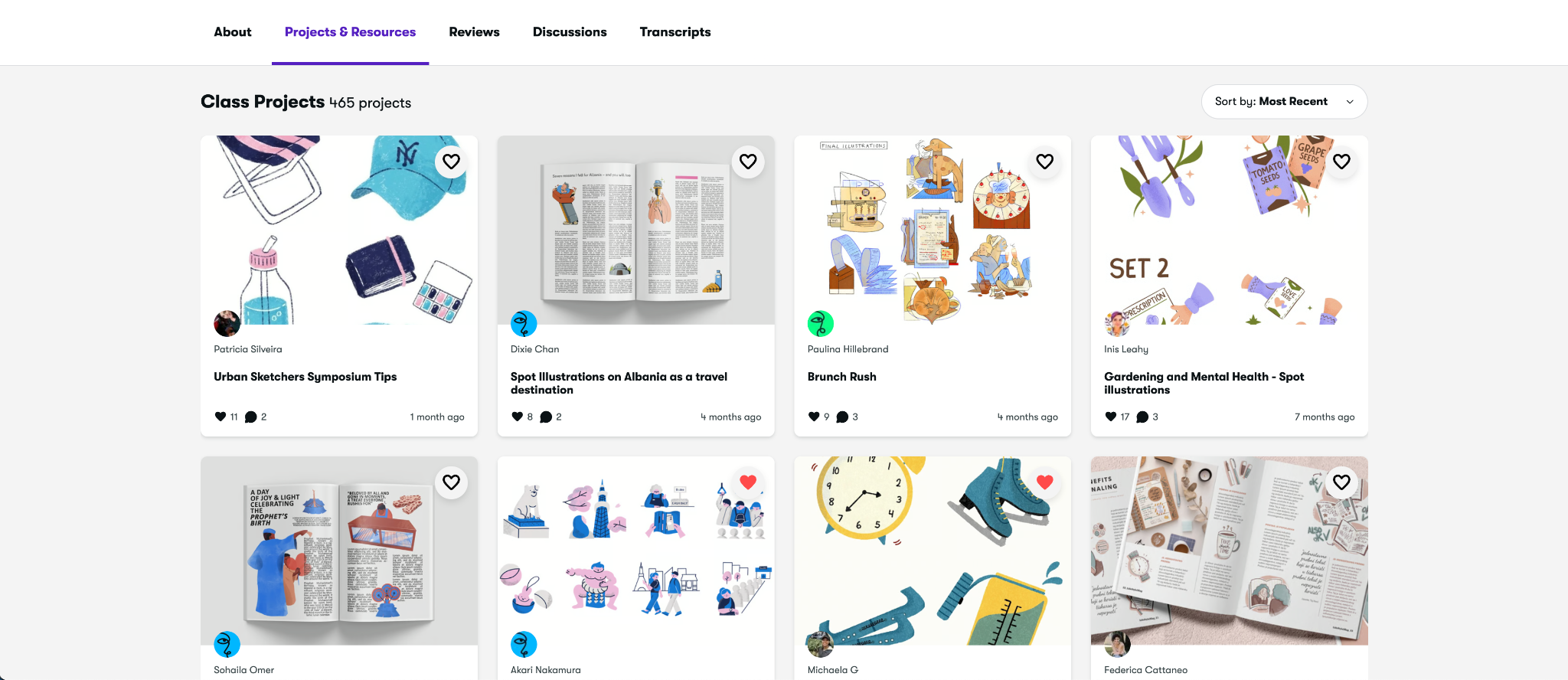 Screenshot of Skillshare’s class projects section showing student-created projects from users taking the same course.