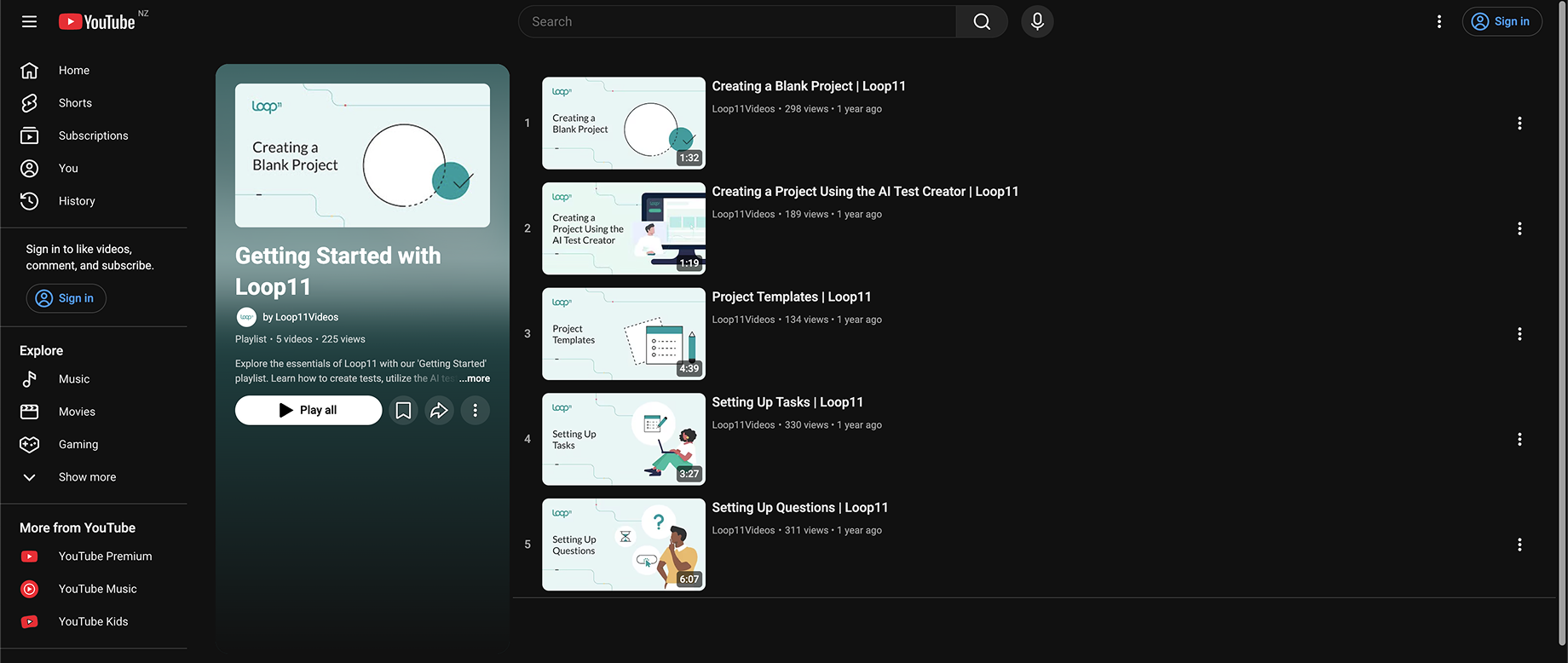 Screenshot of the "Getting Started with Loop11" playlist on Youtube.