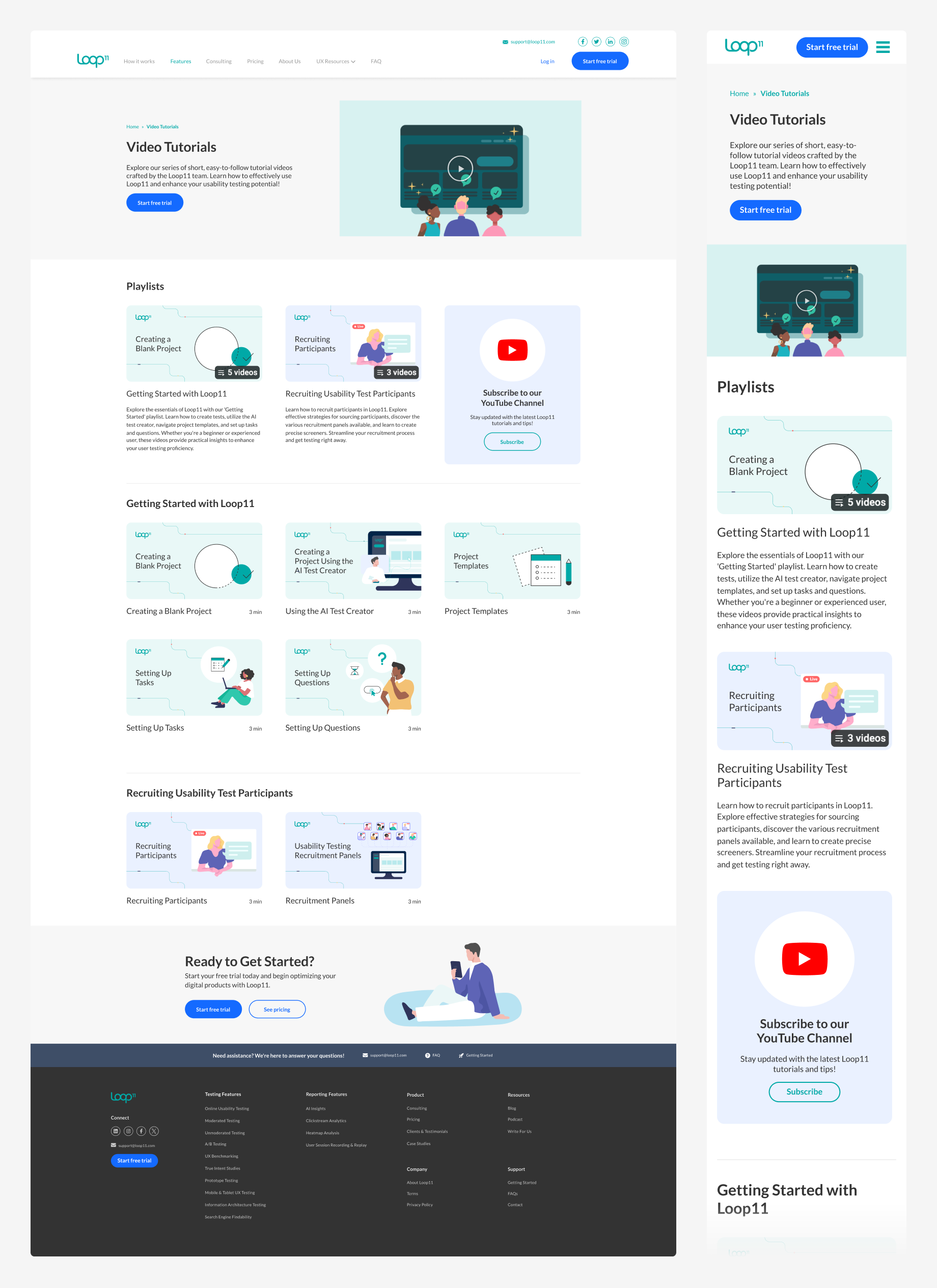 Loop11's Video Tutorials collection page, desktop and mobile designs.