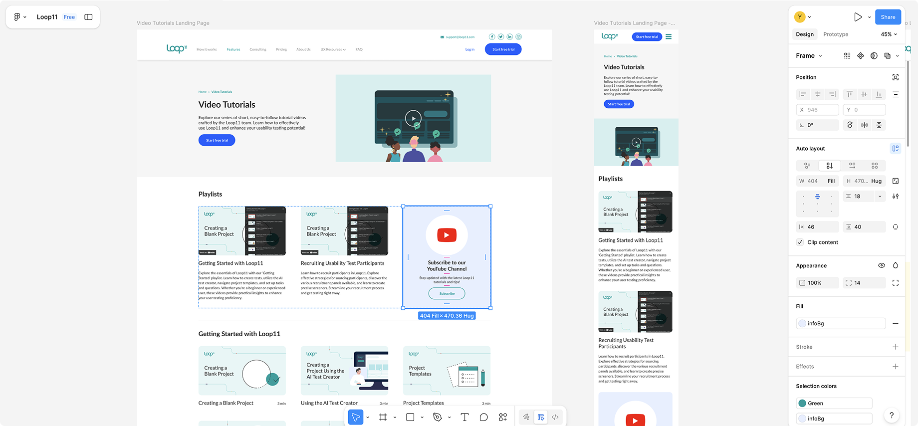 Screenshot of Figma with the Video Tutorials page being designed.