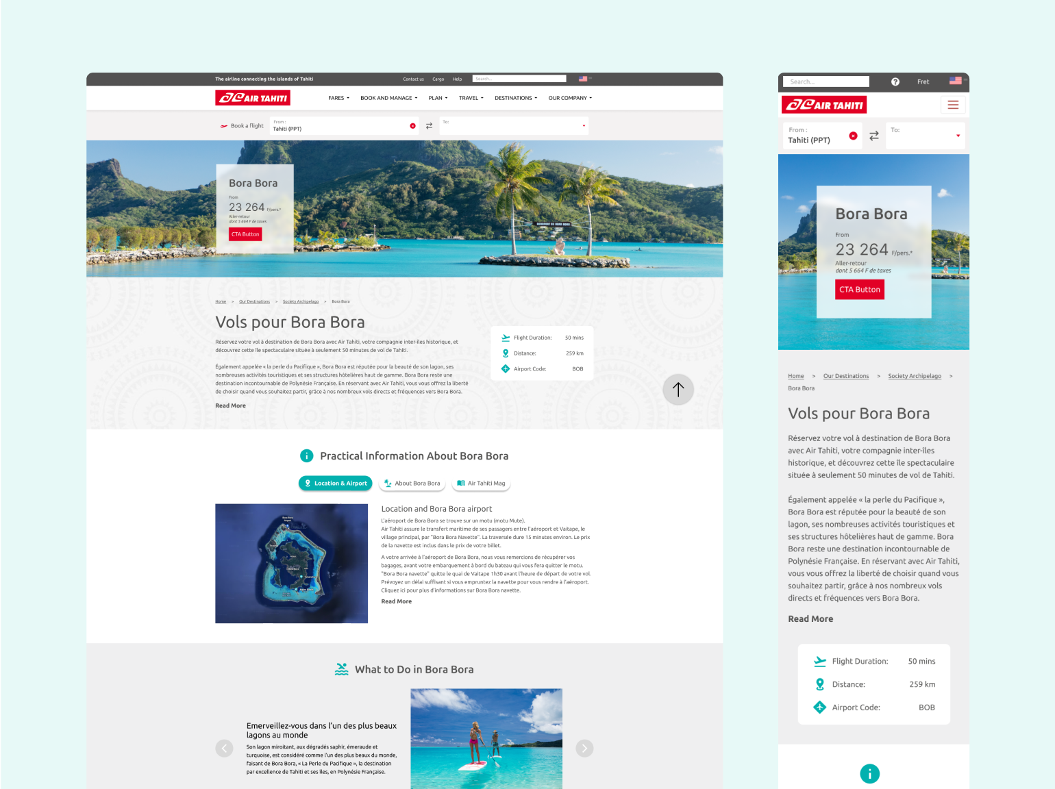 Air Tahiti destination page design, desktop and m