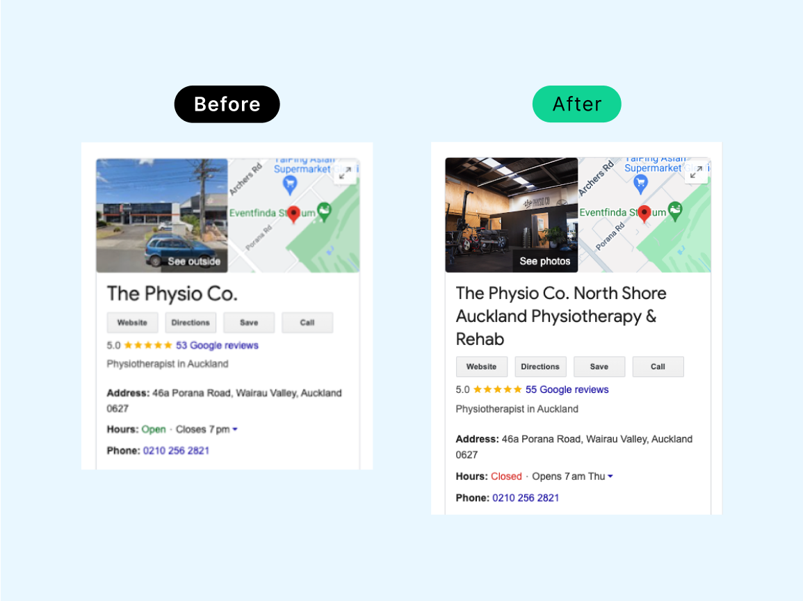 Before and after screenshots of The Physio Co.'s Google Business Profile optimization.