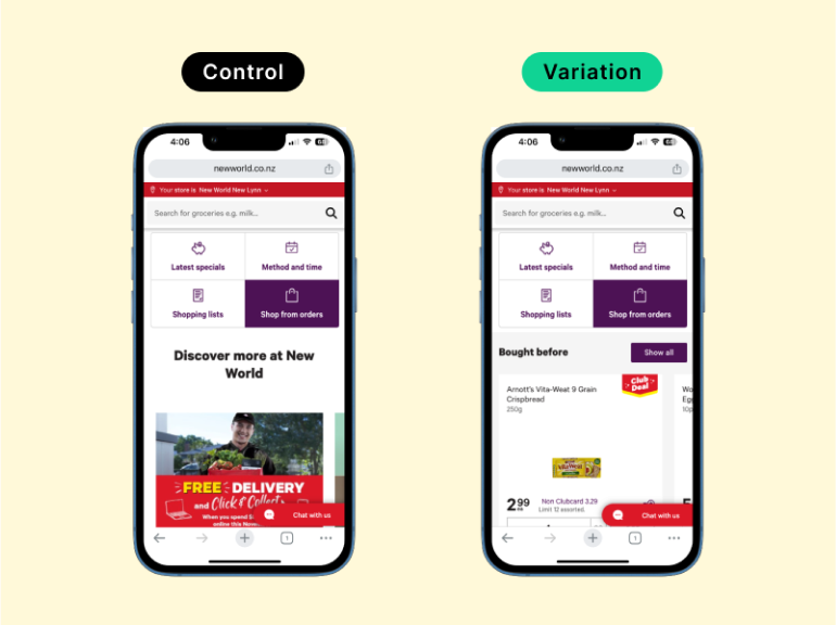 Control and variation designs from an A/B test for New World.