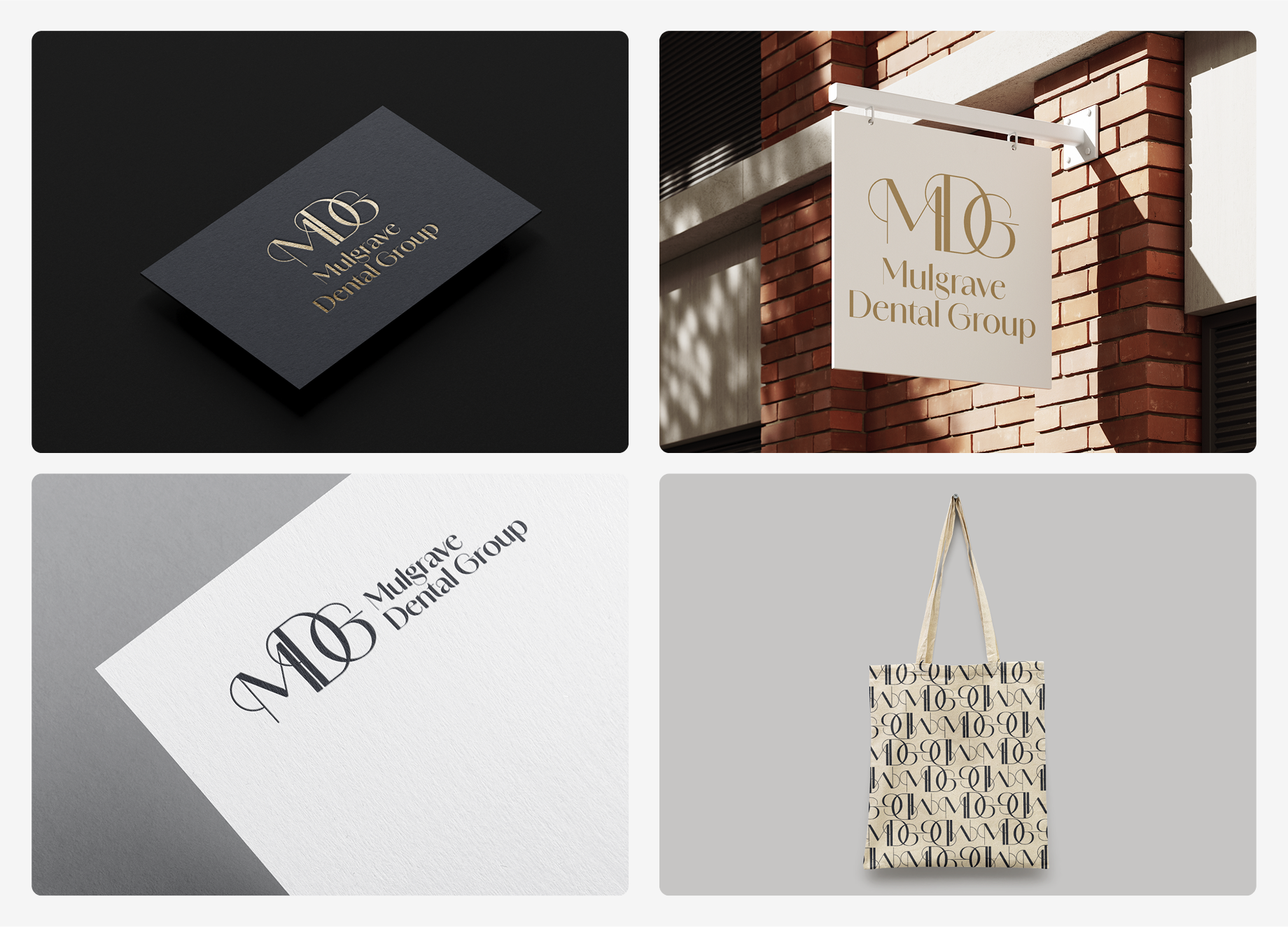 Mockups of stationery and other applications for Mulgrave Dental Group's new logo.