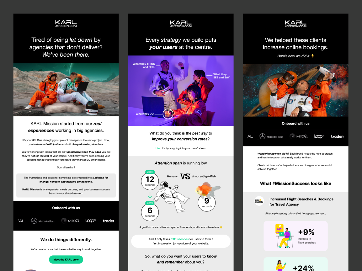 Email designs from KARL's nurturing email series.