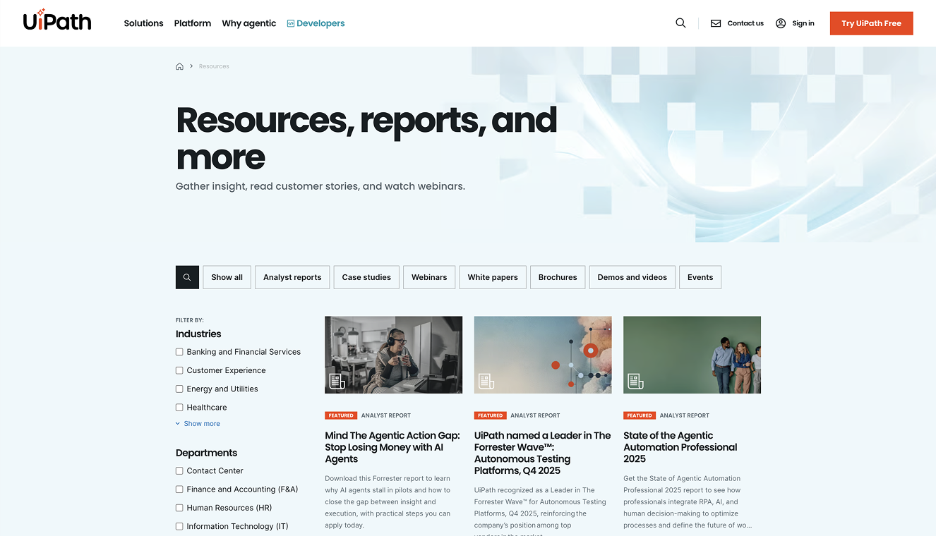 UiPath's Resources page, with category filters at the top of the page.