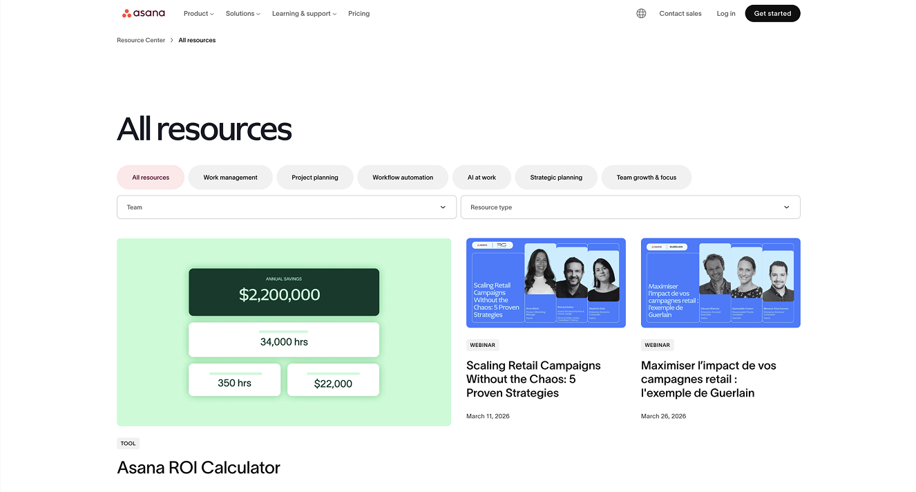 Asana's All Resources page with category filter buttons at the top of the page.