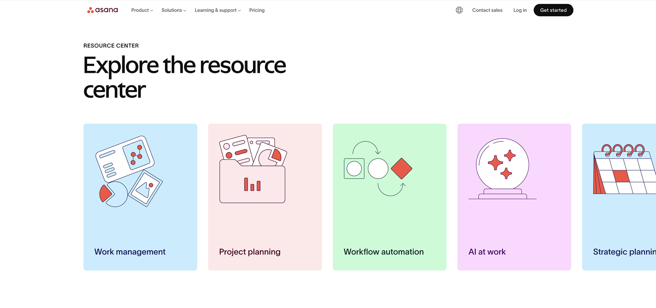 Asana's Resource Center page, showing a carousel of categories at the top of the page.