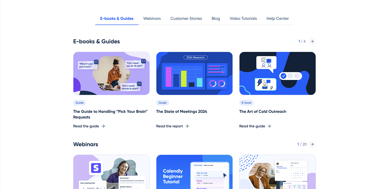 Calendly's Resources page with resources organized by resource type.