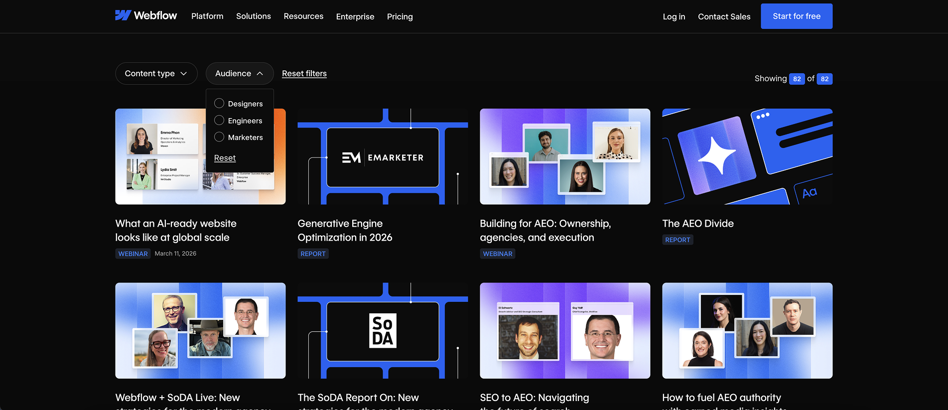 Webflow's Audience filter on their Resources page. The audience filters are Designers, Engineers, and Marketers. 