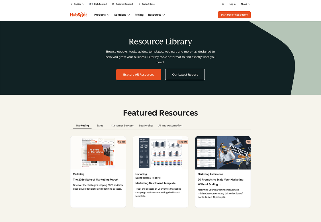 Hubspot's Resource Library, with the Featured Resources section near the top of the page.