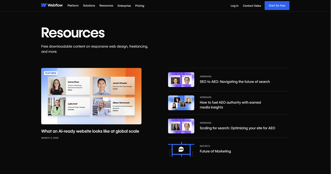 Webflow's featured resources at the top of their Resources page.