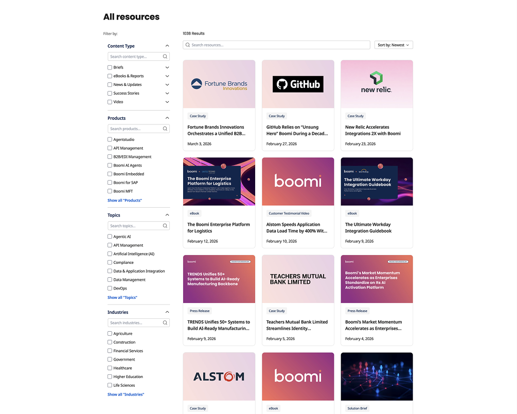 Boomi's filtering options on the Boomi Resource Center page.