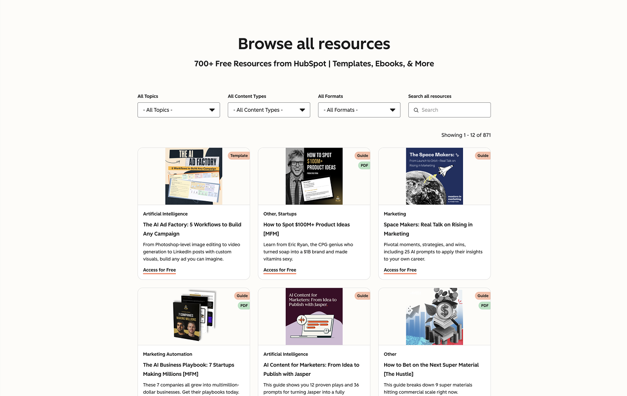 Hubspot's filtering options in their Browse all resources section on their Resource Library page.