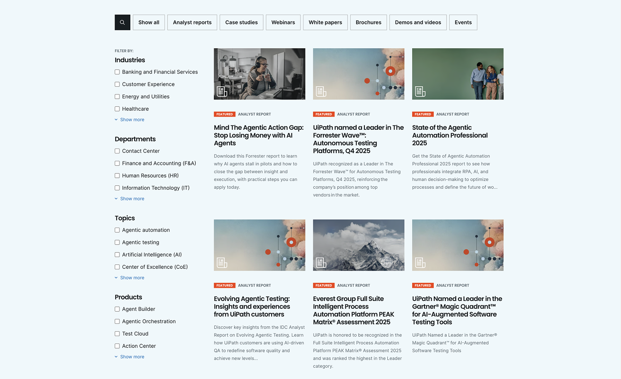 UiPath's filtering options on their Resources page.