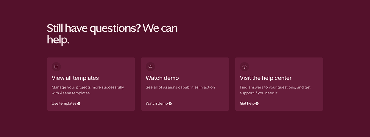 Asana's support section at the bottom of their Resource Center page.