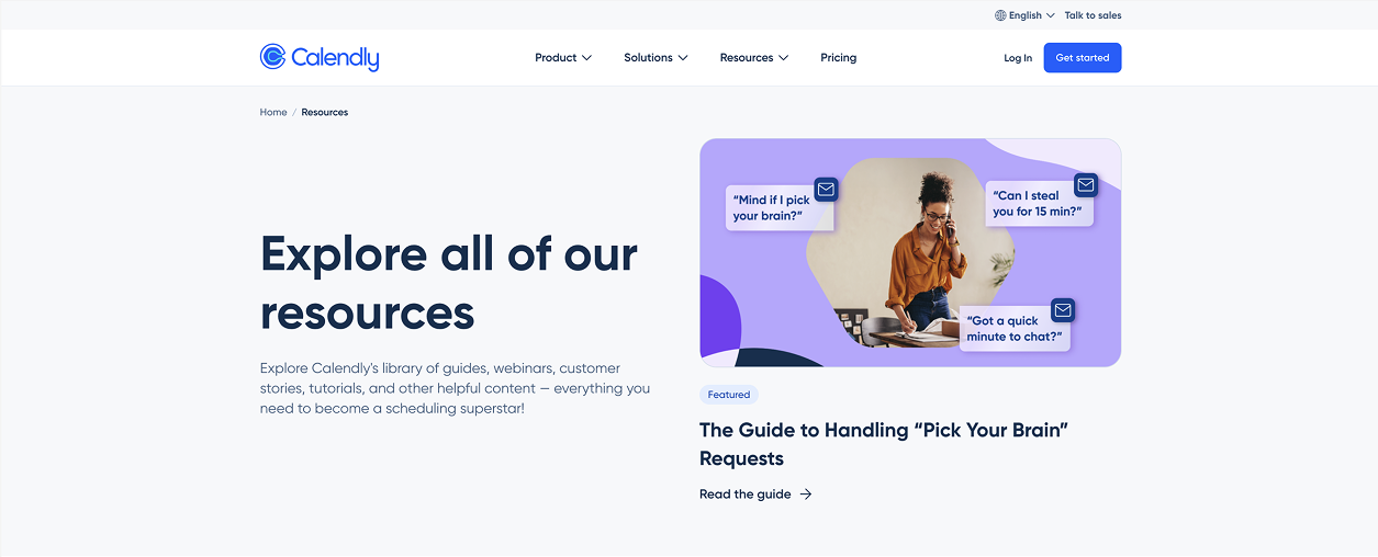 Calendly's Resources page, with a featured guide at the top of the page.