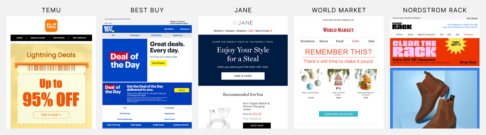 Examples of emails from Temu, Best Buy, Jane, World Market, and Nordstrom Rack, with category links at the top.