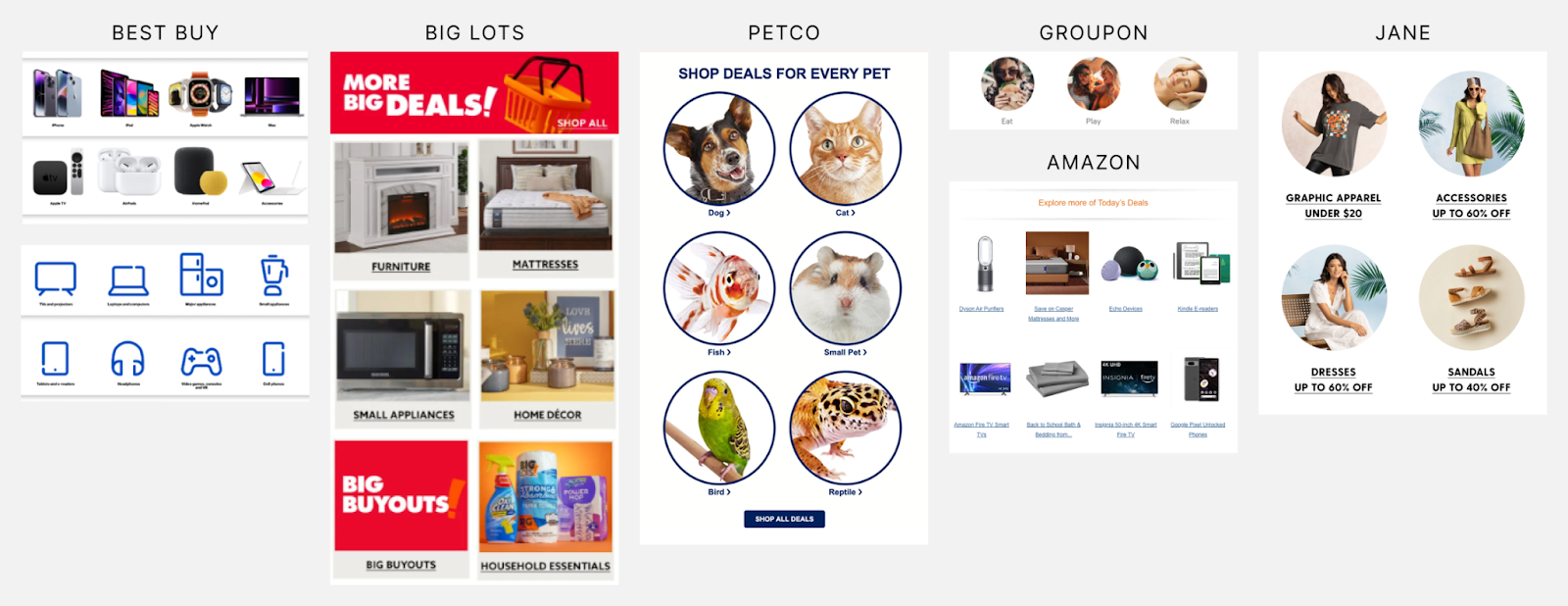 Examples of emails from Best Buy, Big Lots, Petco, Groupon, Amazon, and Jane, with category links.