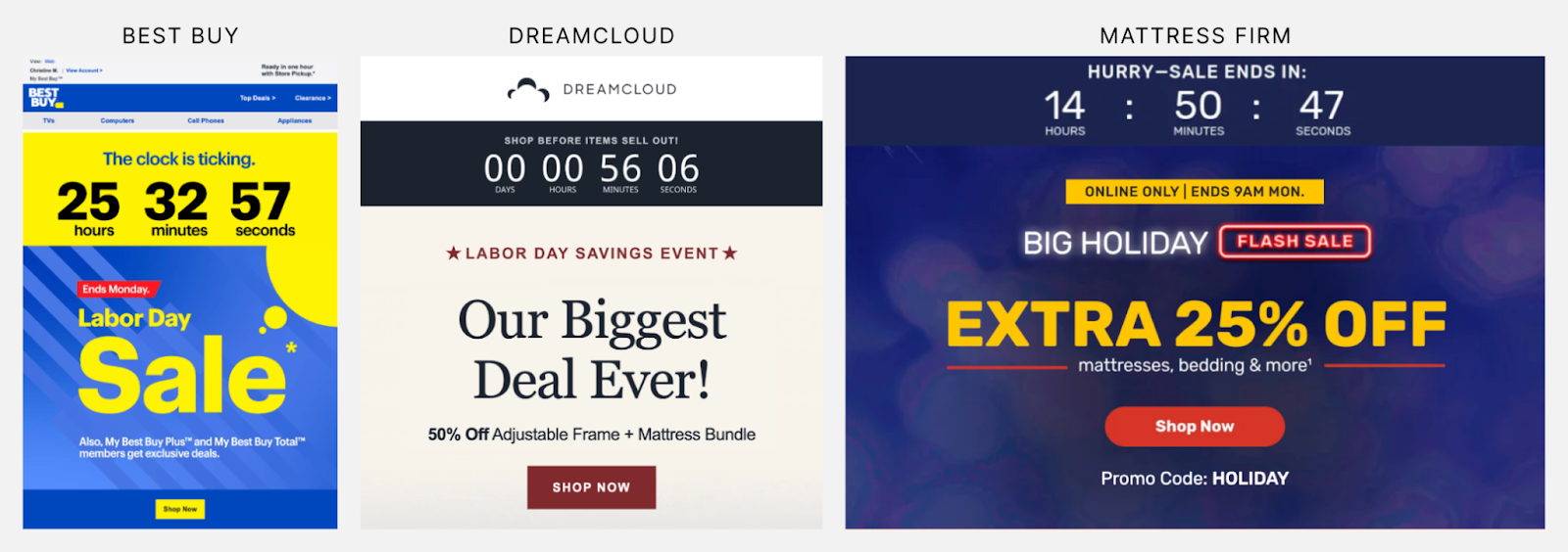 Examples of emails from Best Buy, Dreamcloud, Mattress Firm, with countdown timers.