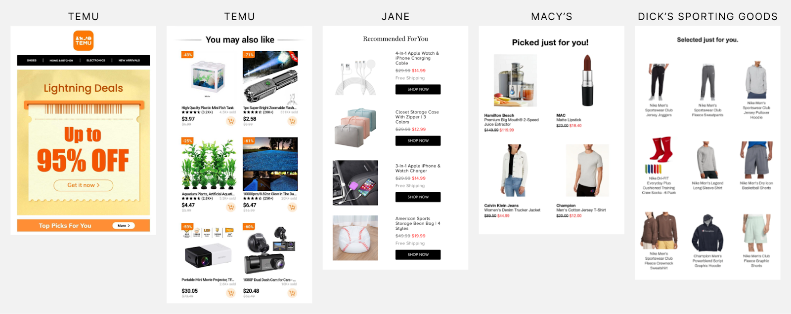 Example emails from Temu, Jane, Macy's, and Dick's Sporting Goods, showing personalization.