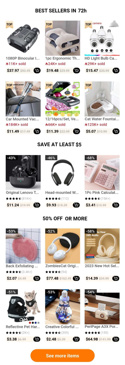 Example of category headings from Temu.