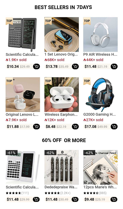 Temu's 3-column layout.