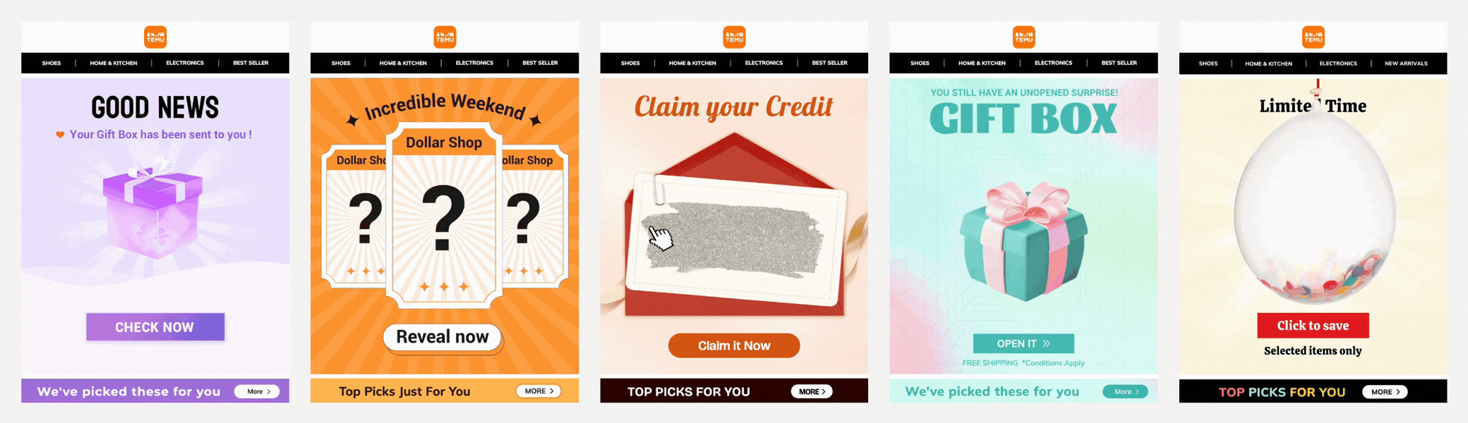 Examples of various animated headers from Temu's emails.