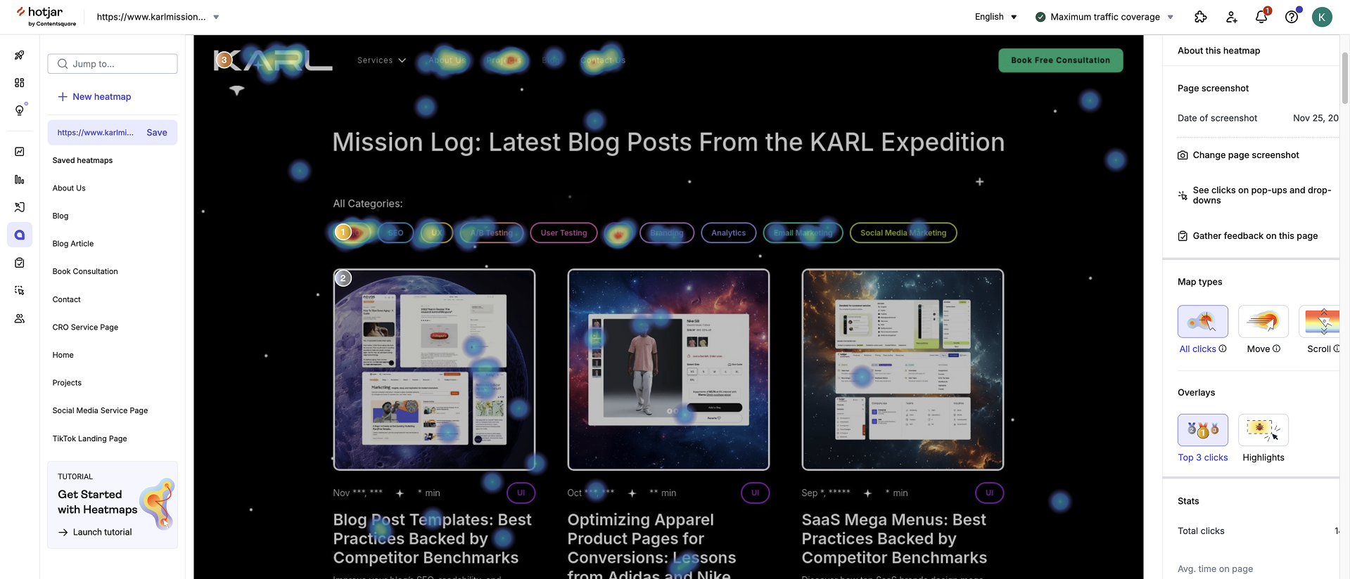 A screenshot from Hotjar showing a heatmap from the KARL Mission blog page.