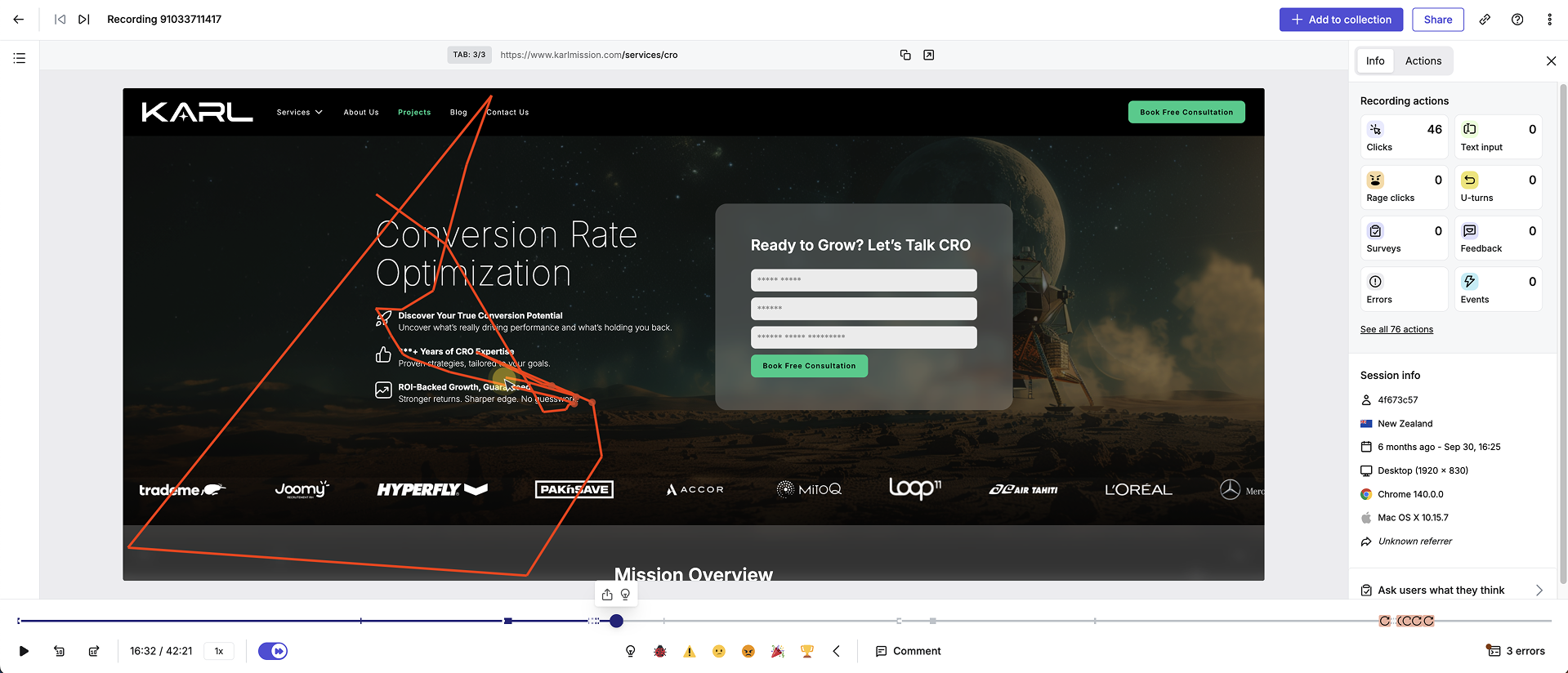 A screenshot from Hotjar showing a user session recording from the KARL Mission CRO page.