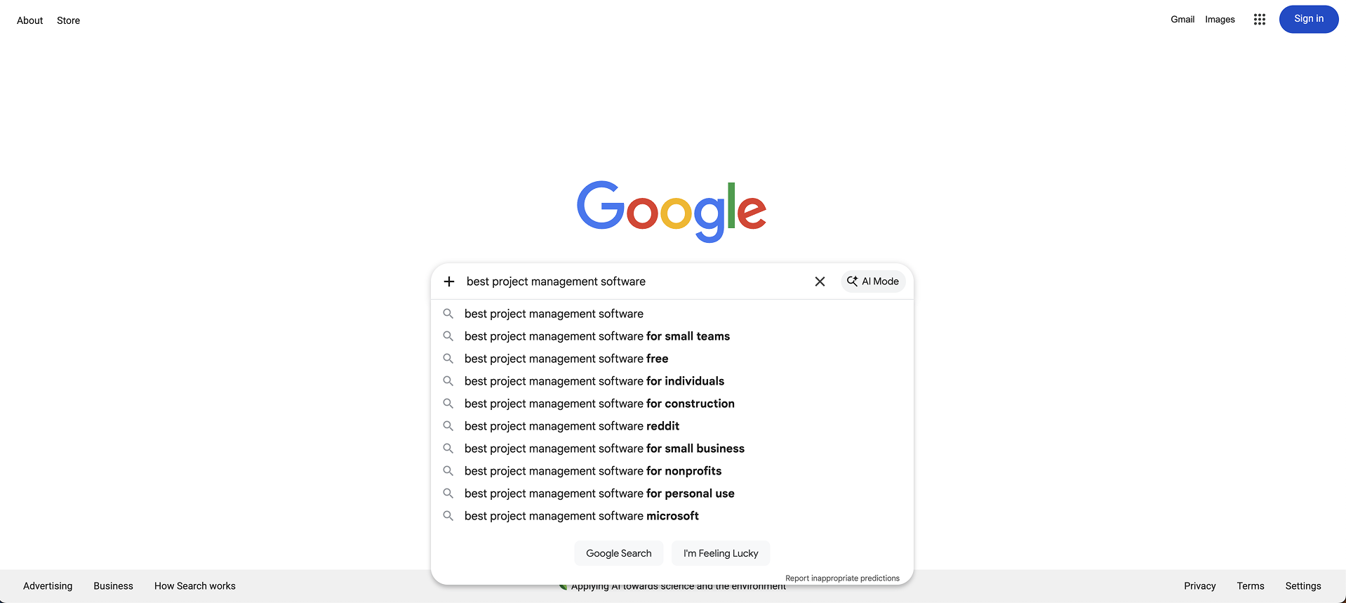 Google homepage with the search query “best project management software” typed into the search bar.