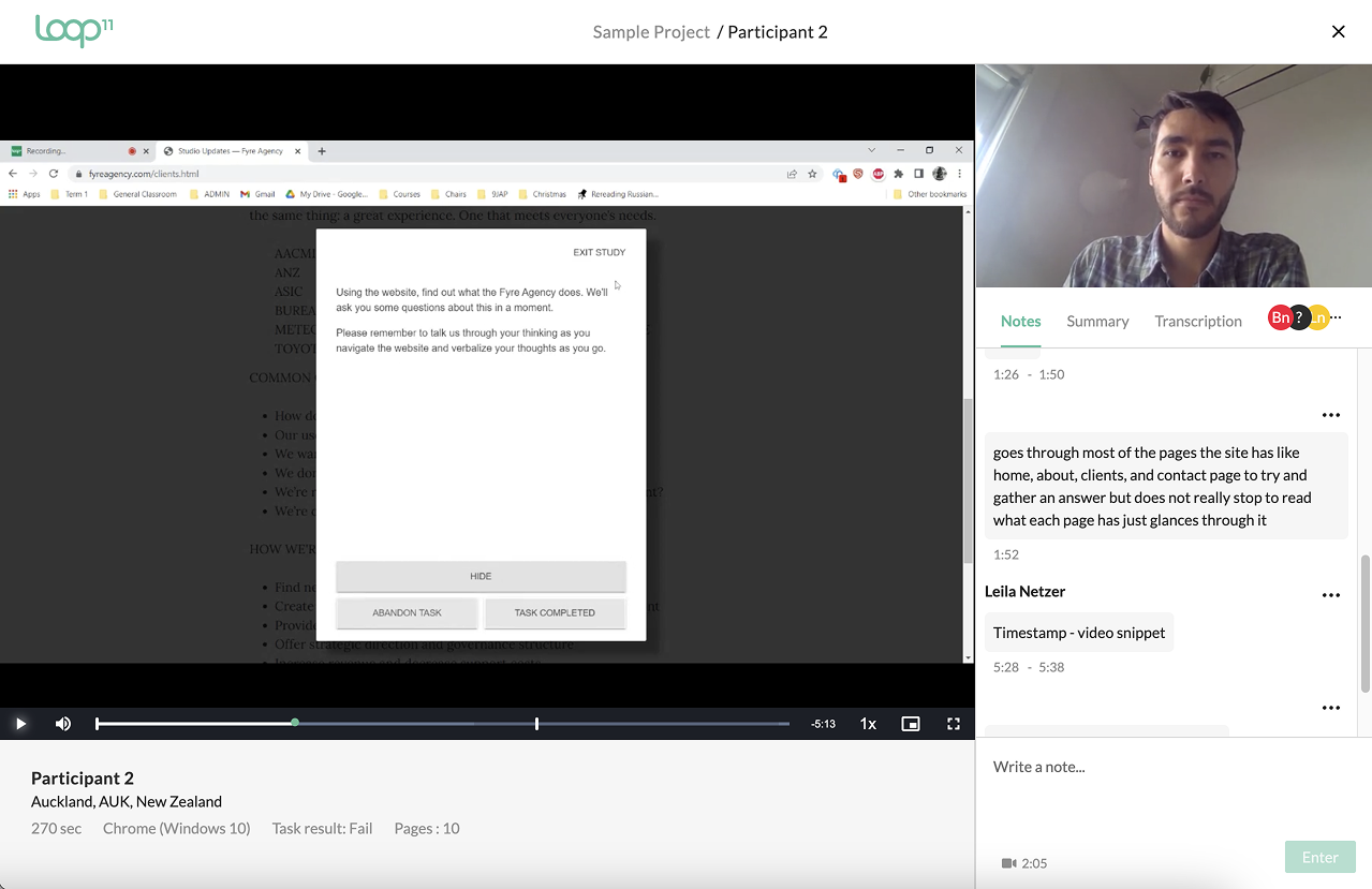 Screenshot of a Loop11 remote usability testing session interface, showing a participant’s screen recording as the main view with a website task in progress, a face cam video of the user in the top corner, and a side panel displaying notes, timestamps, and session details.