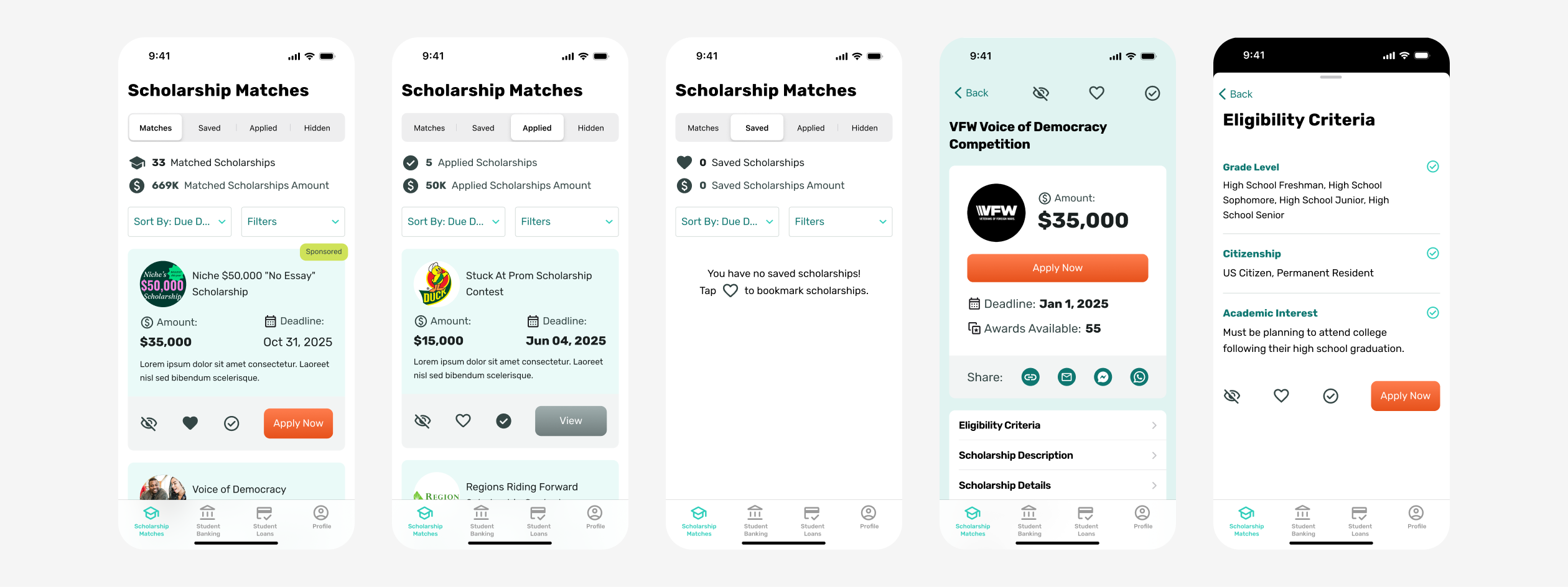 Various screens from the Scholarship Matches tab - Matches, Applied, Saved, Scholarship Details, Eligibility Criteria.