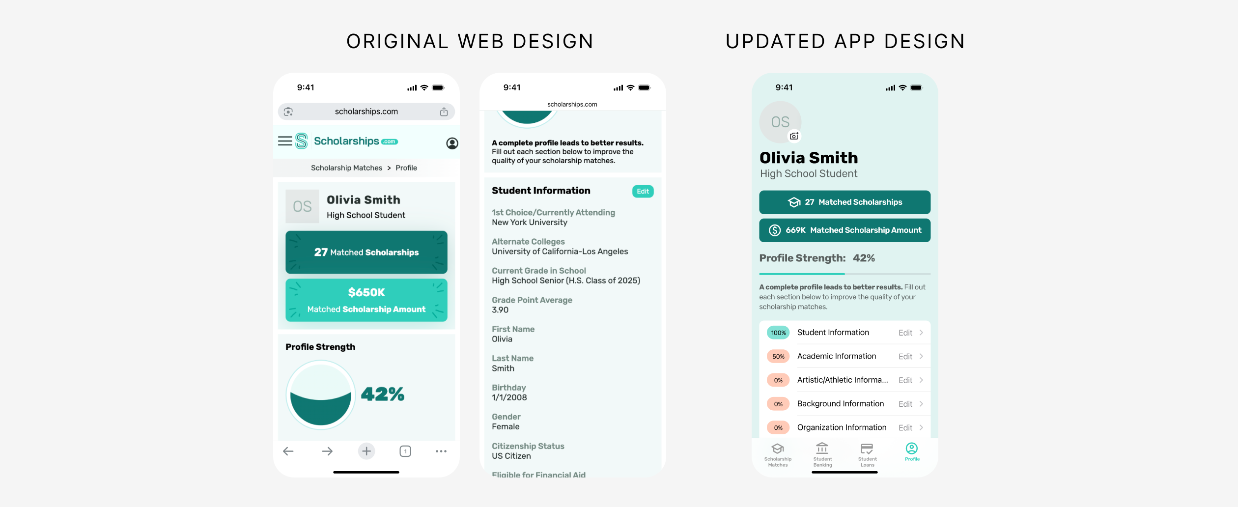 Side by side comparison of the original web design of the Student Profile page, compared with the streamlined app version. 