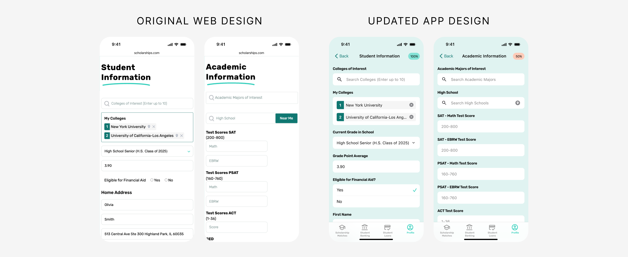 Side by side comparison of the original web design of the profile forms, compared with the mobile optimized app version.