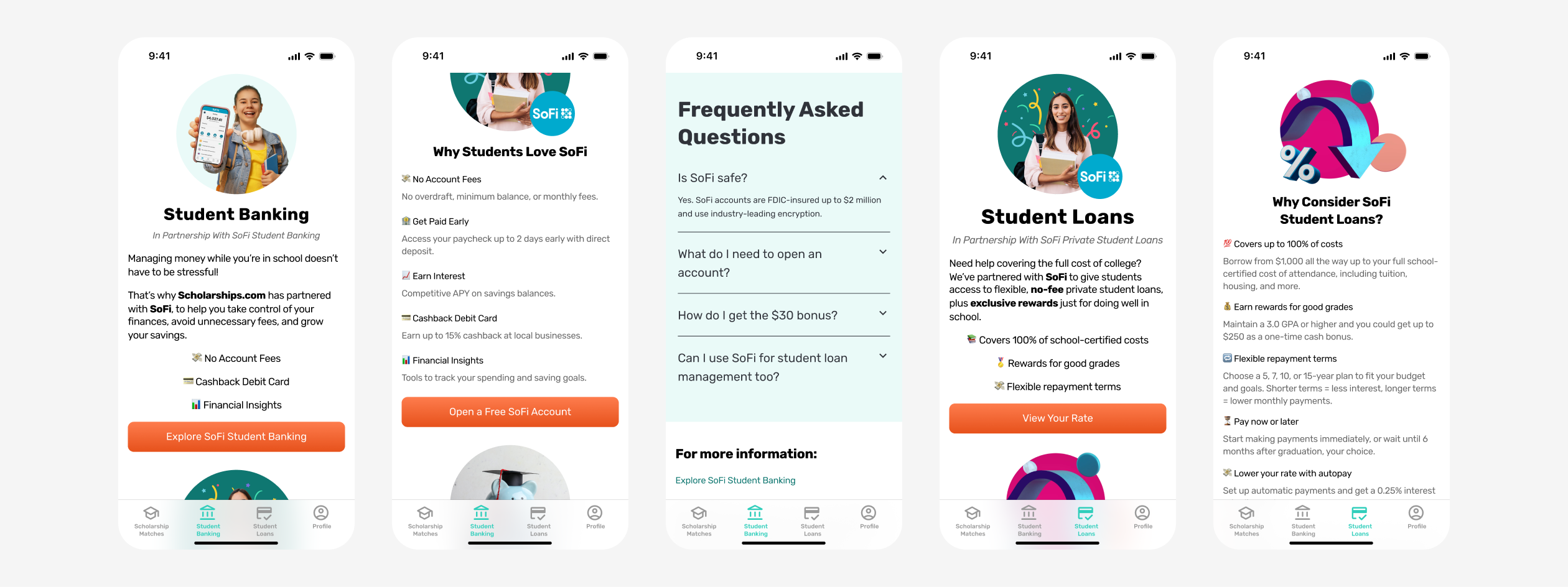 Various screens from the Student Banking and Student Loans tabs.