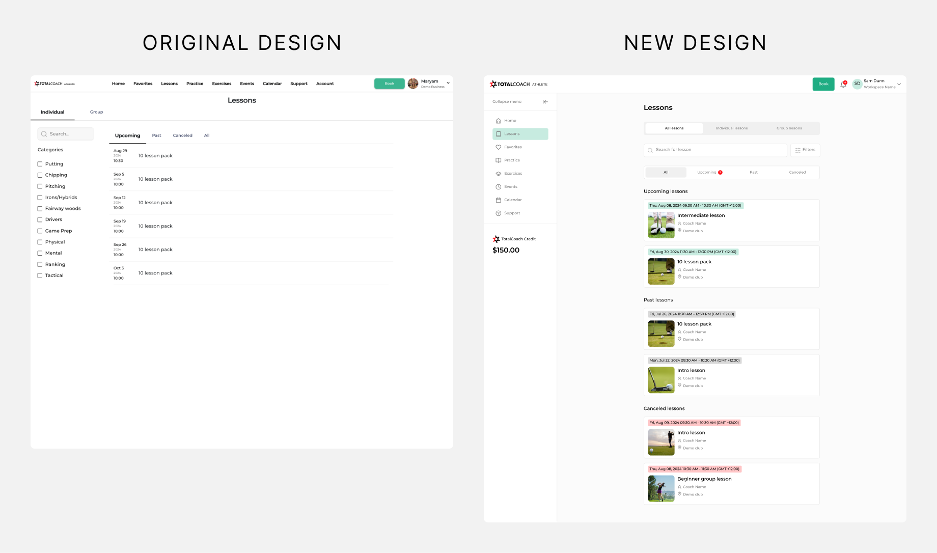 Side by side comparison of the original design and new design on desktop.