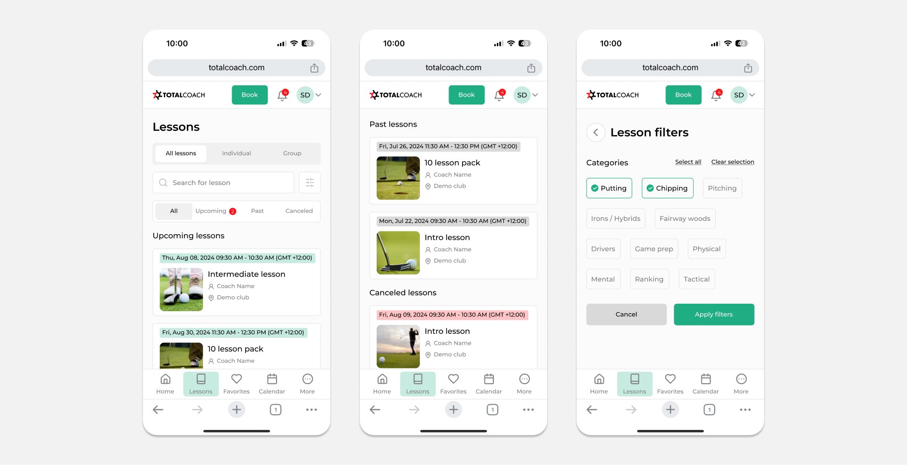 Screens from the mobile Lessons page.