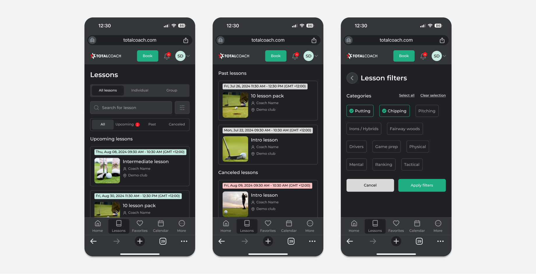 Dark mode version of the mobile Lessons page.